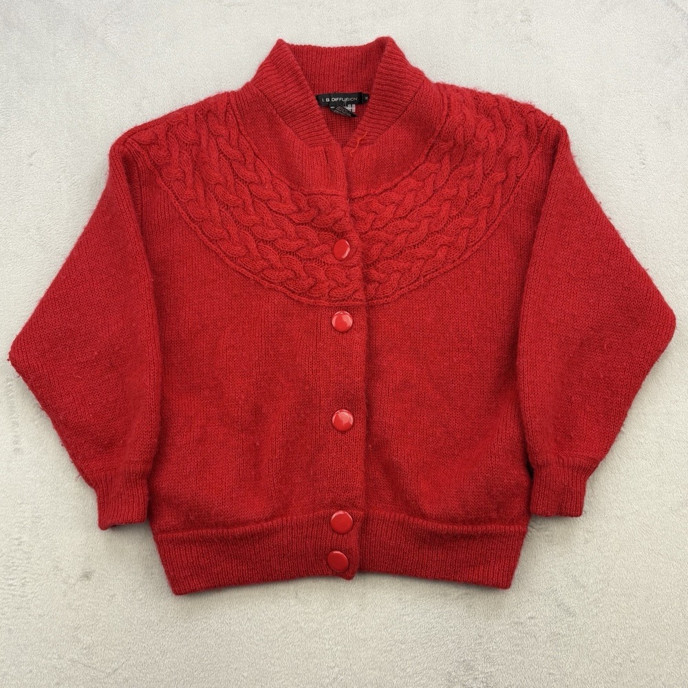 Vintage IB Diffusion Cardigan Womens Small Red Mohair Sweater Fisherman Jumper